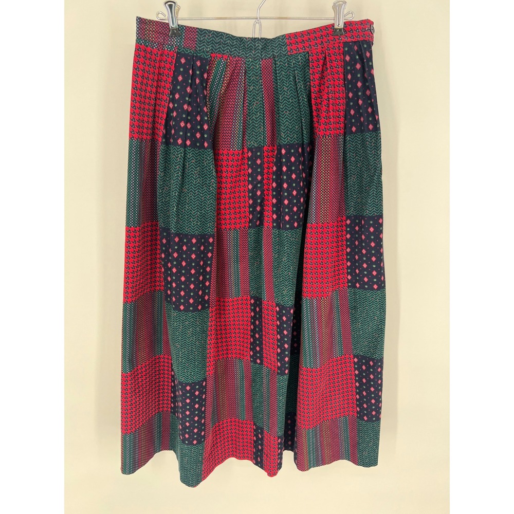 SUSAN BRISTOL Corduroy Skirt 14 Red Green Patchwork Midi Components Pockets 90s